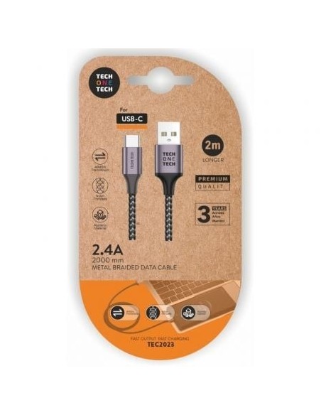 Cable USB 2.0 Tipo-C Tech One Tech TEC2023/ USB Tipo-C Macho - USB Macho/ 2m/ Gris