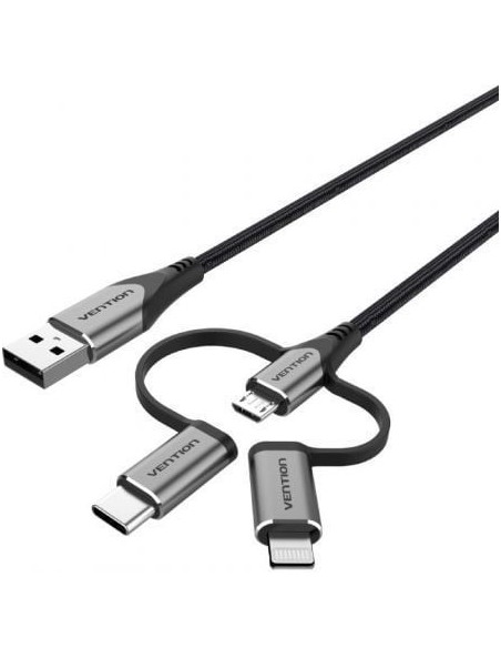 Cable USB 2.0 Tipo-C Vention CQJHG/ USB Macho/ USB Tipo-C Macho - MicroUSB Macho - Lightning Macho/ 480Mbps/ 1.5m/ Gris