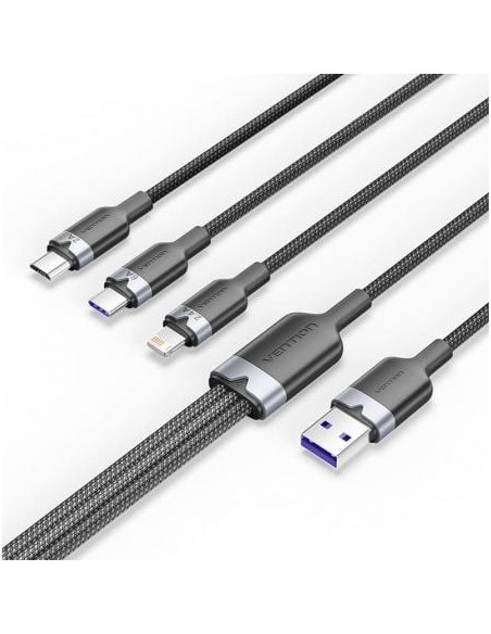 Cable USB 2.0 Lightning Vention CTPBG/ USB Macho/ USB Tipo-C Macho - MicroUSB Macho - Lightning Macho/ 1.5m/ Negro