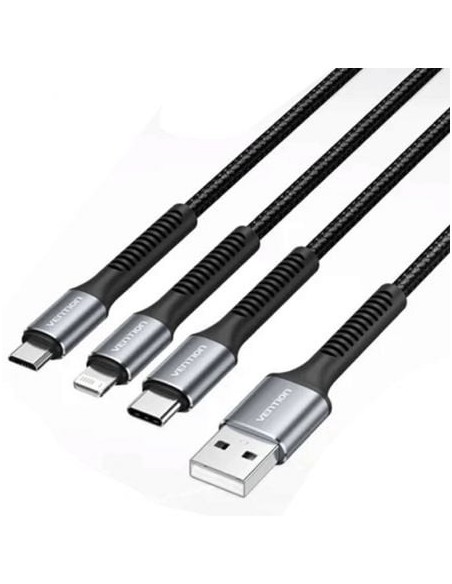 Cable USB 2.0 Lightning Vention H18BAV/ USB Tipo-C Macho/ Lightning Macho - MicroUSB Macho - USB Macho/ 1.2m/ Negro