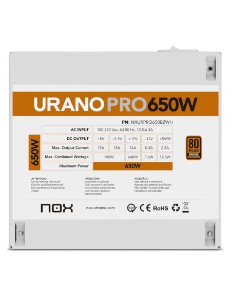 NOX Fuente ATX Urano PRO 650W Bronze Blanco