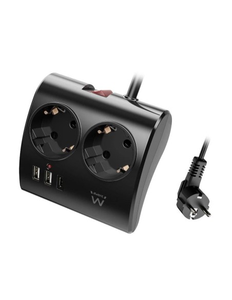 EWENT EW3871 Regleta 2  Shucko 2 Usb-A 1 Usb-C Neg