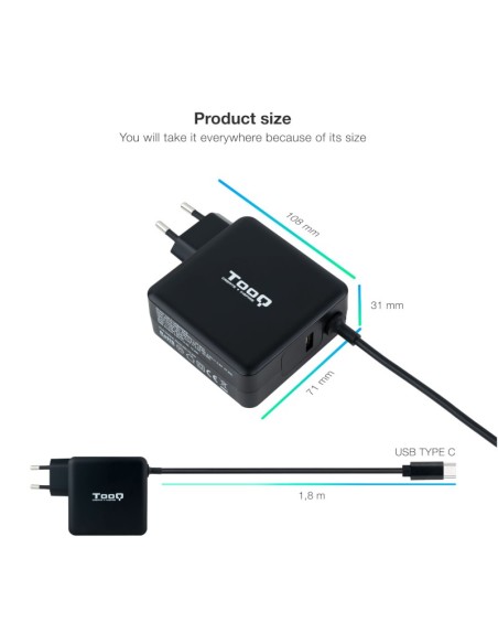 Tooq Cargador portátil conector USB-C 65W