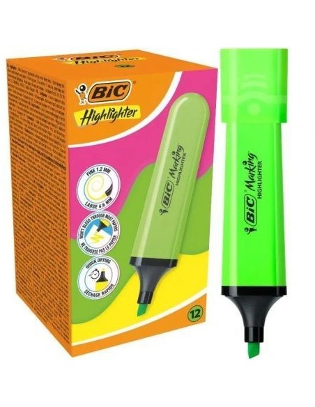 Caja de Marcadores Fluorescentes Bic Highlighter Flat Neón/ 12 unidades/ Verdes