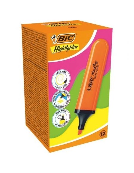 Caja de Marcadores Fluorescentes Bic Highlighter Flat Neón/ 12 unidades/ Naranjas