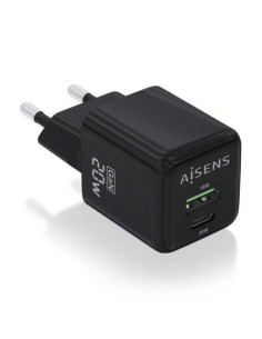Cargador de Pared GaN Aisens ASCH-20W2P011-BK/ 1xUSB Tipo-C/ 1xUSB/ 20W