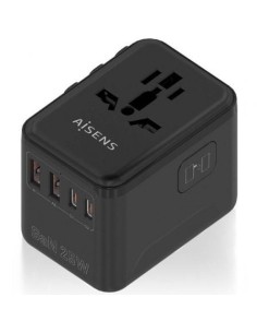 Cargador de Pared Universal GaN para Viaje Aisens ASPS-2A2C08-BK/ Toma de Corriente Universal/ 2xUSB Tipo-C/ 2xUSB/ 25W