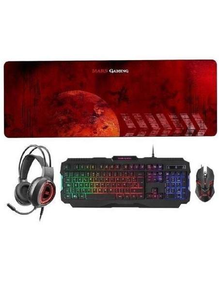 Pack Gaming Mars Gaming MCPRGB2/ Teclado RGB + Ratón Óptico + Alfombrilla XXL + Auriculares