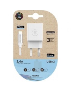 Cargador de Pared Tech One Tech TEC2402/ 2xUSB + Cable Lightning/ 12W/ Blanco
