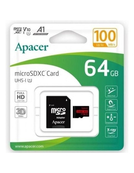 Tarjeta de Memoria Apacer 64GB XC UHS 1 con Adaptador/ Clase 10/ 100MBs