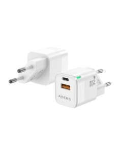 Cargador de Pared GaN Aisens ASCH-30W2P004-W/ 1xUSB Tipo-C/ 1xUSB/ 30W