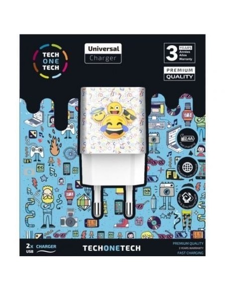 Cargador de Pared Tech One Tech Emojitech Smile TEC2502/ 2xUSB/ 12W/ Blanco