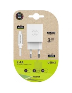 Cargador de Pared Tech One Tech TEC2401/ 2xUSB + Cable Micro USB/ 12W/ Blanco