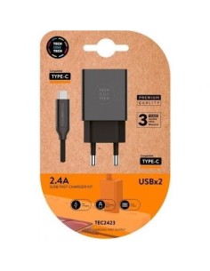 Cargador de Pared Tech One Tech TEC2423/ 2xUSB + Cable USB Tipo-C/ 12W/ Negro