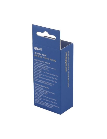 iggual Cargador doble USB QC3'0 + tipo C PD 20W